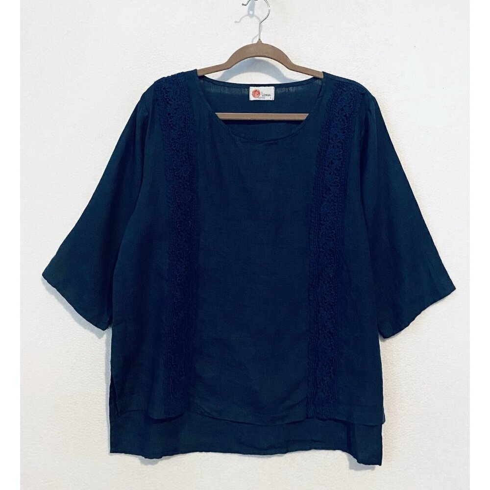 Linnea Top Womens Large Navy Blue Linen Crochet Lace Trim Hi Low Hem Boho Beach